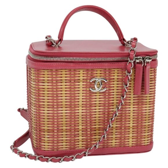 CHANEL Wicker Vanity Chain Shoulder Bag Rattan 2way Pink Silver CC Auth 114200AM - Picture 1 of 16